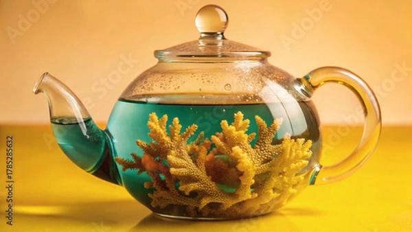 Fototapeta corals in a teapot half-submerged in clear turquoise water