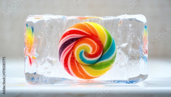 Fototapeta a multi-colored round lollipop in a piece of ice