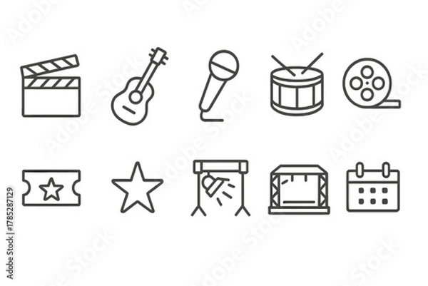 Fototapeta Entertainment and event line icon set. Film, music, and concert icons collection.