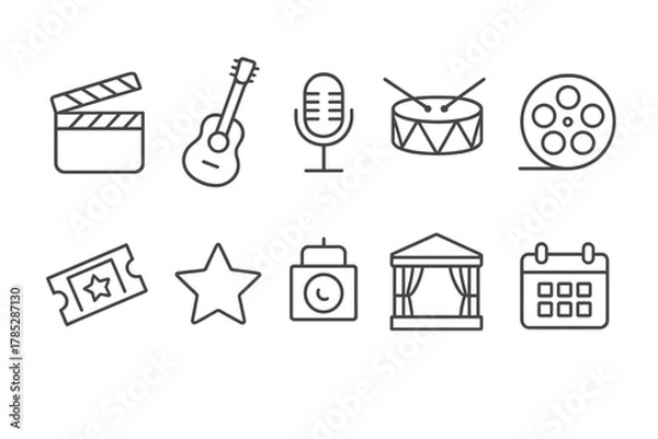 Fototapeta Entertainment and music line icon set. Theater, concert, and event icons.
