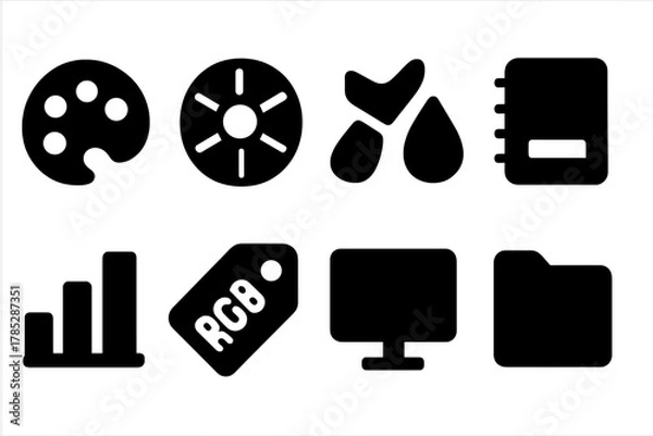 Fototapeta Graphic design solid icon set. Designer tools, palette, rgb, monitor icon collection