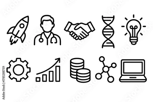 Fototapeta Business and science outline icon set. Technology, innovation, growth icons collection