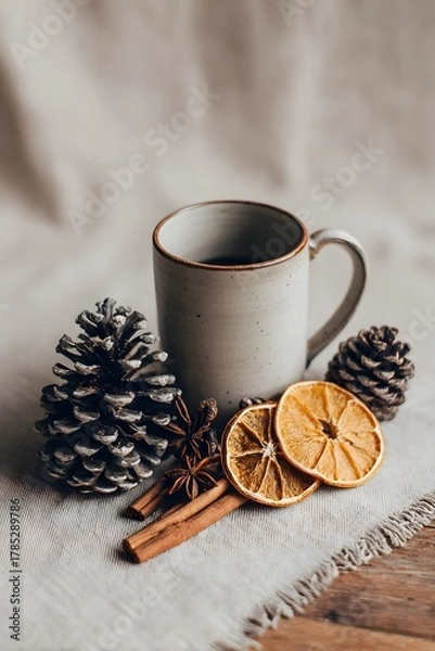 Fototapeta A still life composition of dried oranges, cinnamon, pine cones and a mug on a wooden table.