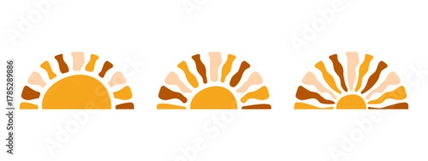 Obraz Half sun shapes with wavy rays isolated on whiye background. Sunrise or sunset silhouettes. Spring or summer theme elements. Positive vibes or vacations concept. Funny print. Vector flat illustration.