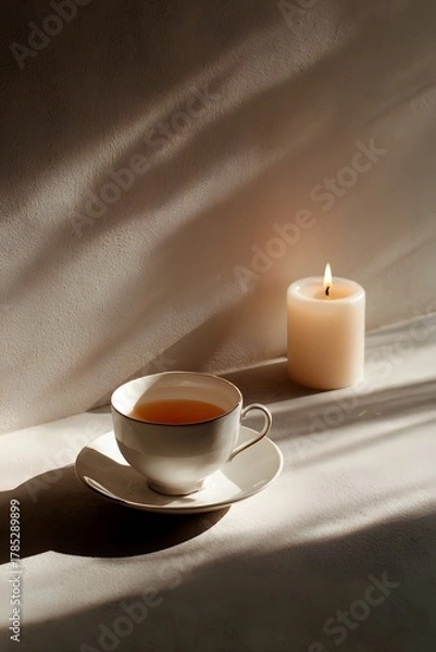 Fototapeta A still life photo of black tea in a simple teacup in a minimalist white-toned interior.