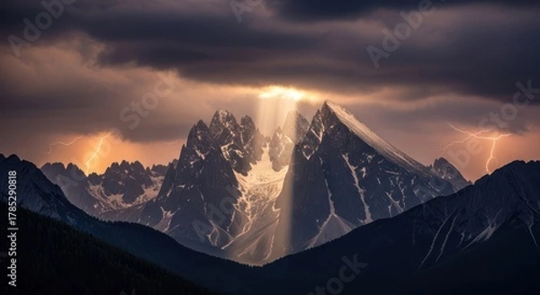 Obraz Dramatic mountain landscape illuminated by sunlight breaking through storm clouds