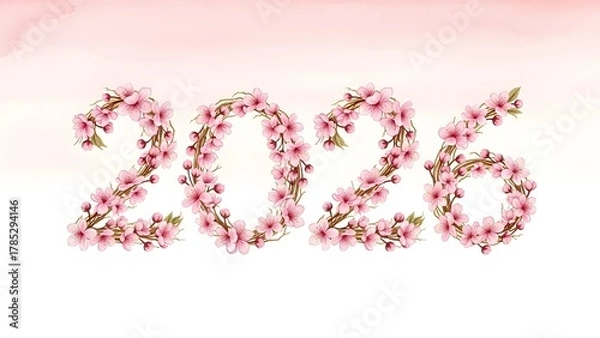 Obraz Sakura Harmony 2026- "2026” numbers formed from blooming pink cherry blossoms and gentle golden branches.