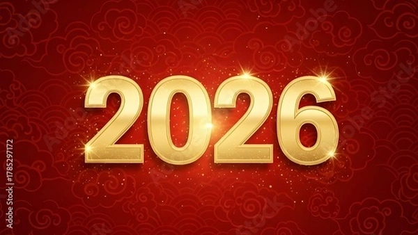 Obraz Prosperity Gold 2026-Luxurious “2026” numbers in embossed gold with subtle red background pattern of clouds and waves (traditional Asian motif).