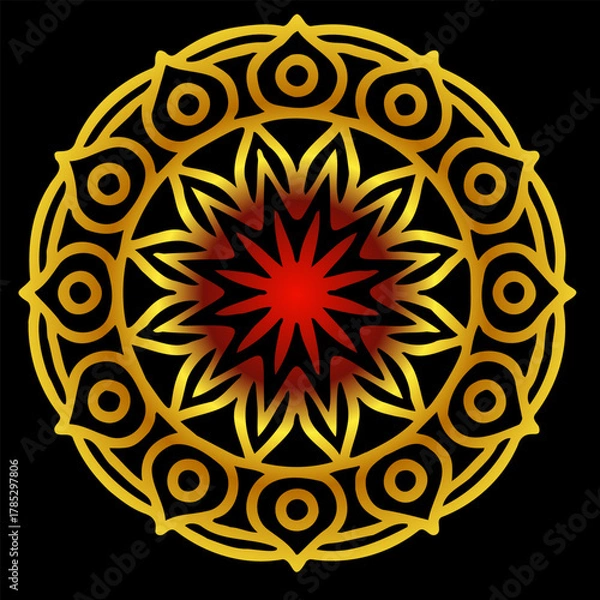 Fototapeta Golden and red mandala with intricate circular symmetry and ornate geometric details on a dark background.