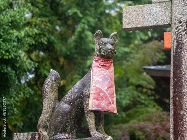 Fototapeta 雨に濡れた稲荷神社の狛狐