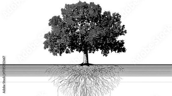 Obraz Minimal philosophical illustration of a tree and its roots symbolizing growth and foundation
