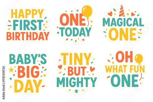 Fototapeta Birthday celebration flat icon set. featuring happy first birthday, one today, magical one, baby's big day, tiny but mighty, oh what fun one