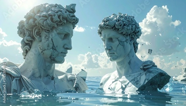 Fototapeta Two classical, fragmented statues face each other in ocean water