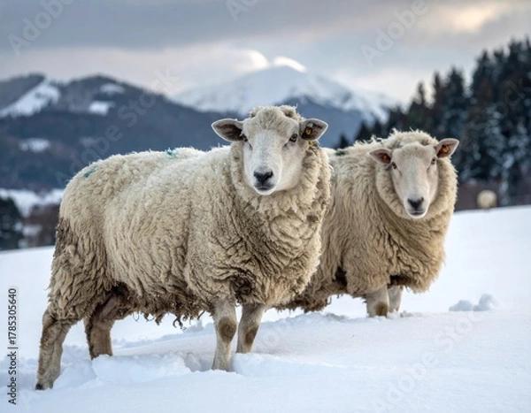Fototapeta Two fluffy sheep stand in snowy field, mountains in background