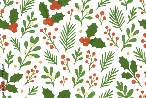 Obraz Christmas silhouette icon set. featuring holly, mistletoe, berries, pine needles, and festive foliage