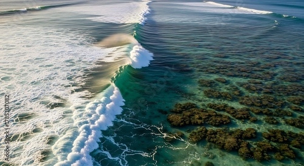 Fototapeta Waves crashing on a coral reef with clear turquoise water on a sunny day