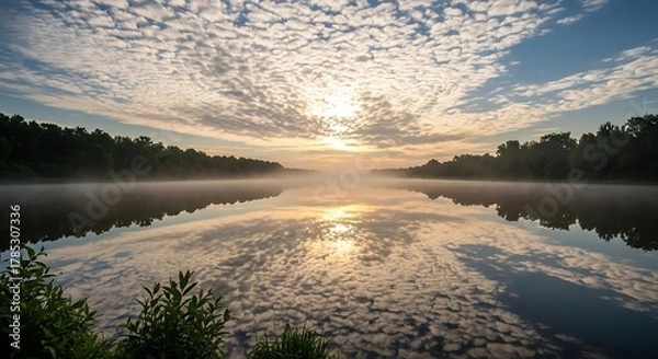 Obraz Foggy lake at sunrise with reflections of clouds and trees in water