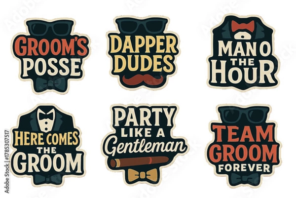 Obraz Bachelor party silhouette icons set. featuring groom's posse, dapper dudes, man of the hour, here comes the groom