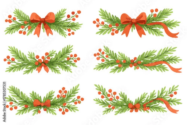Obraz Christmas decor linear icon set. includes garland, ribbon, bow, berries, pine, and festive decorations