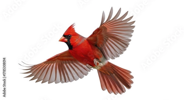 Fototapeta Vibrant Red Northern Cardinal Bird Flying with Spread Wings on a Transparent Background PNG File