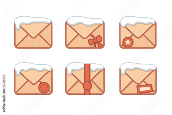 Obraz Winter envelope flat icon set. featuring snow-covered, decorated, gift, and festive seal icons