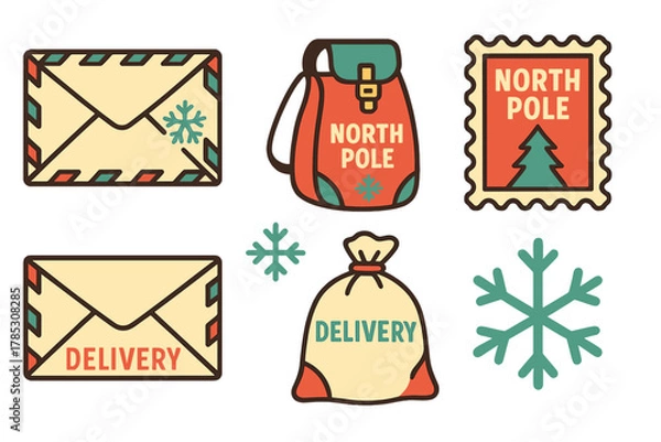 Fototapeta Christmas delivery flat icon set. featuring mail, backpack, stamp, gift bag, snowflake symbols