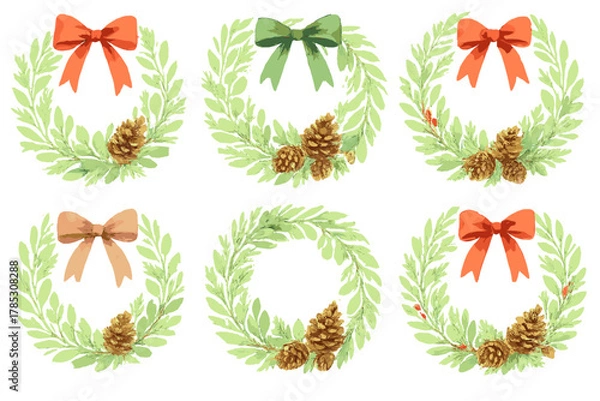 Obraz Christmas wreath flat icon set. featuring wreaths with bows, pinecones, and holly accents