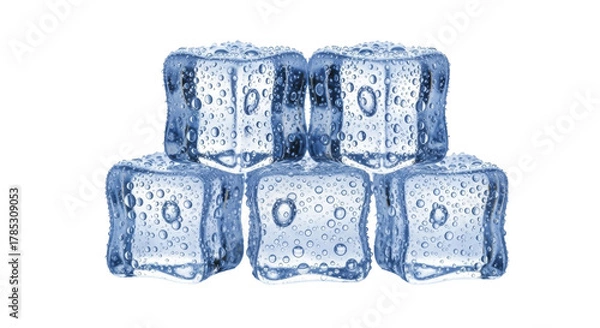 Fototapeta Five ice cubes with water drops, transparent PNG image PNG file, on transparent background.