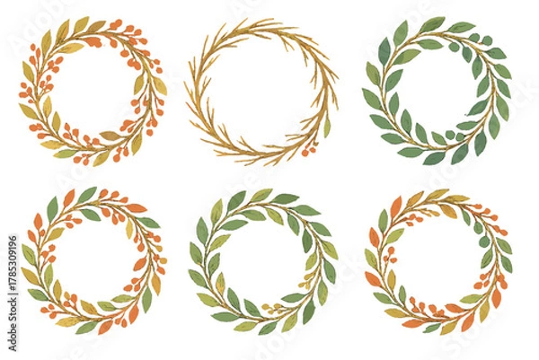Obraz Nature-themed flat icon set. featuring floral wreaths, leaves, branches, berries, and greenery.