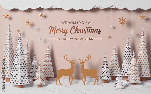 Fototapeta Merry Christmas Reindeer Paper Craft Scene