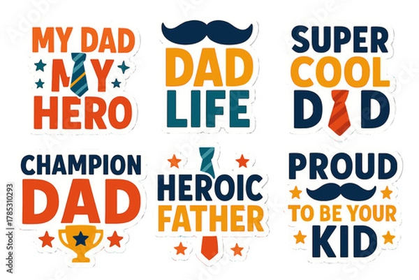 Obraz Father's day flat icon set. featuring ties, champion, dad life, hero, proud kid, super cool dad symbols