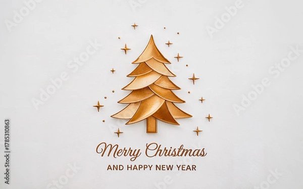 Fototapeta Golden Christmas Tree Stars Flatlay Card