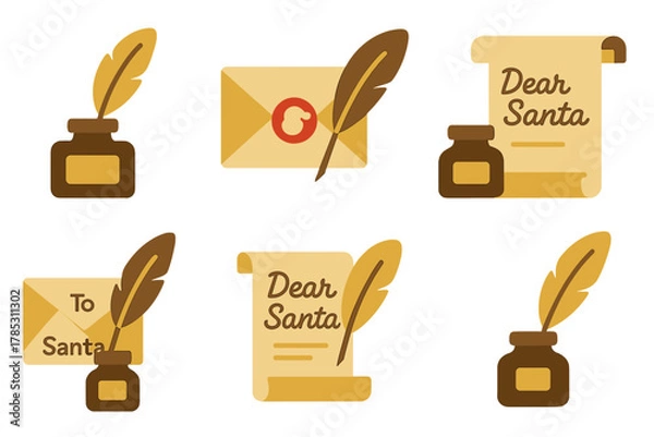 Obraz Christmas letter flat icon set. featuring ink bottle, feather, envelope, dear santa scroll