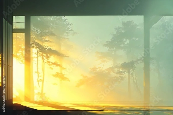 Obraz 光, 朝, 森, 静けさ, 木漏れ日, 窓, 空間, 霧
