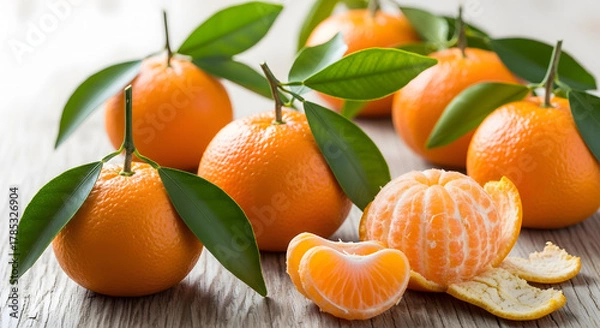 Fototapeta Fresh Ripe Oranges with Green Leaves on Wooden Table by the Window
