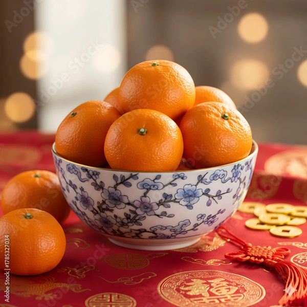 Fototapeta Mandarin Oranges in Decorative Bowl on Red Chinese New Year Background