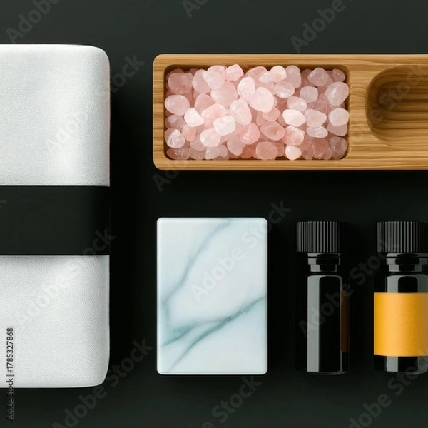 Obraz A flat lay arrangement of spa and wellness items including a white towel, pink bath salts in a wooden dish, a marble-patterned soap bar, and two bottles of esse