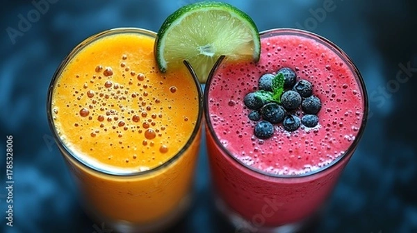 Obraz Two refreshing fruit smoothies; orange and berry.