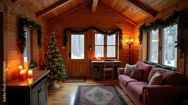 Fototapeta Cozy winter cabin getaway with Christmas tree and warm candles, purpose for background