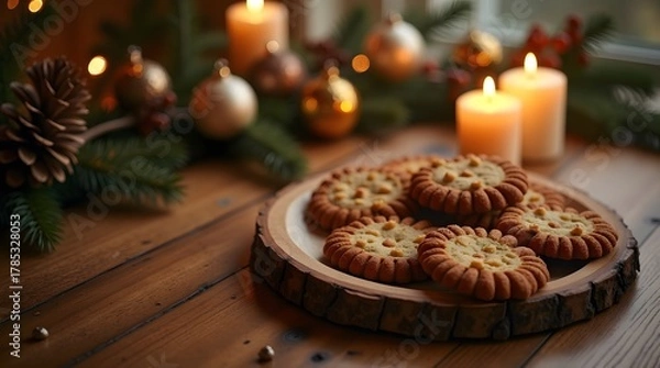 Fototapeta Cozy holiday cookies and candles create a warm and inviting Christmas.