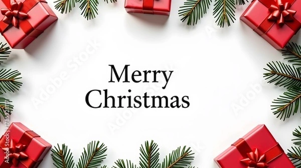 Fototapeta Celebrate the holidays with vibrant red gifts and festive pine branches framing "Merry Christmas"