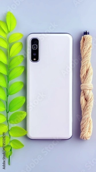 Fototapeta A white smartphone is placed next to a green leafy branch and a coiled rope on a light blue surface.