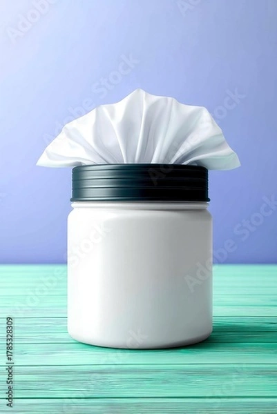 Fototapeta A white container of wet wipes with a black lid is shown on a teal wooden surface against a light purple background.