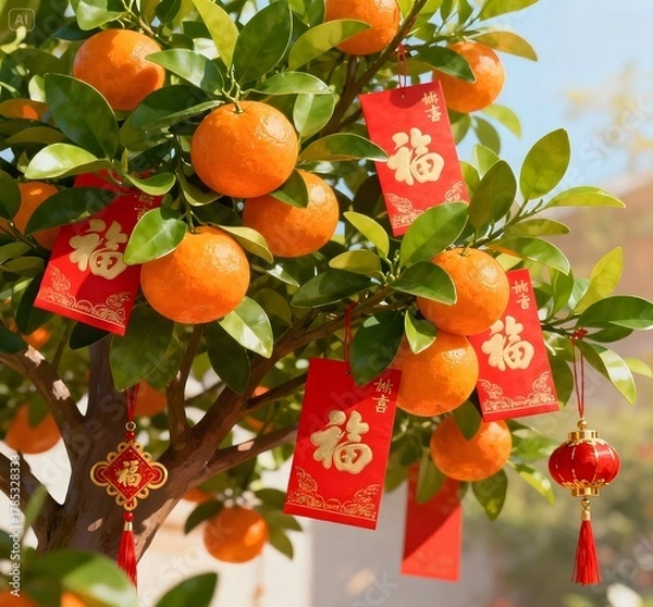 Fototapeta Mandarin Orange Tree Branch with Red Envelopes for Chinese New Year Celebration
