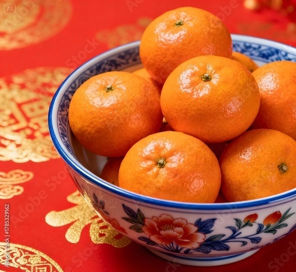 Fototapeta Mandarin Oranges in Decorative Bowl on Red Chinese New Year Background