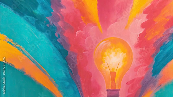 Fototapeta Creative light bulb with colorful explosion concept. A vibrant painting of a light bulb radiating colorful energy.