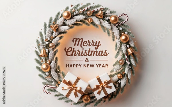 Fototapeta Merry Christmas Happy New Year Gold Wreath Flatlay
