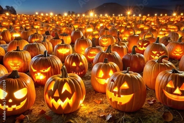 Fototapeta A field of carved halloween pumpkins glowing at night with a bokeh background