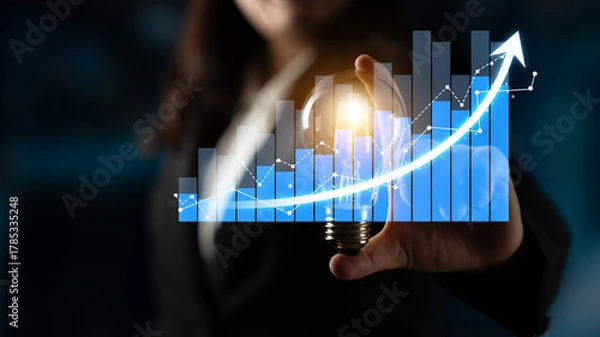 Obraz A professional holding a light bulb symbolizing innovation against a backdrop of a growing data graph, signifying business success and creative growth strategies. Scalp