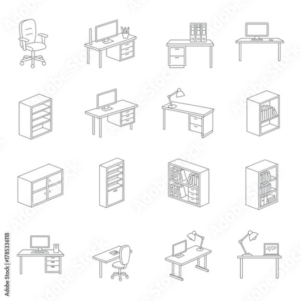 Fototapeta Office furniture line art workspace desk chair and storage solutions for modern office design and layout planning for ergonomics efficient workflow.
